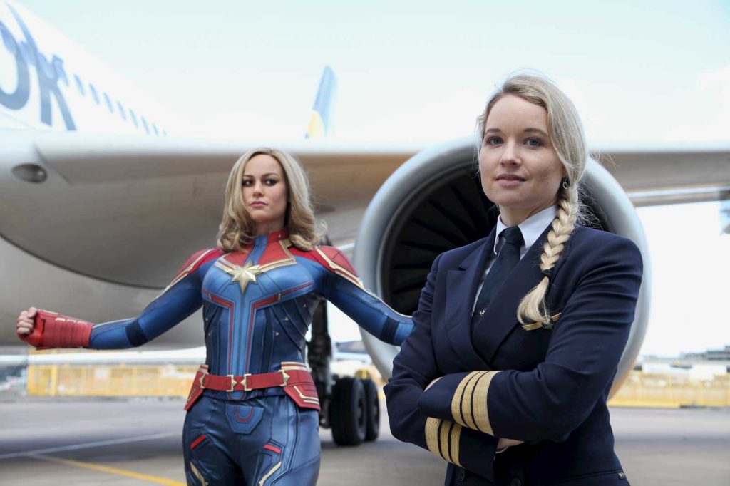 The new Madame Tussauds Blackpool Captain Marvel figure and Thomas Cook Airlines pilot Astrid Herz