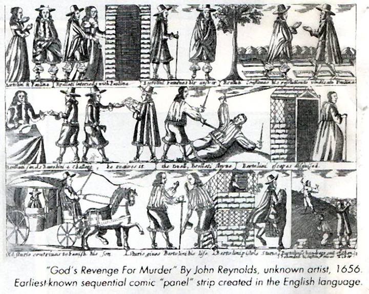 God's Revenge For Murder - a comic strip by John Reynolds, artist unknown, published in 1656
