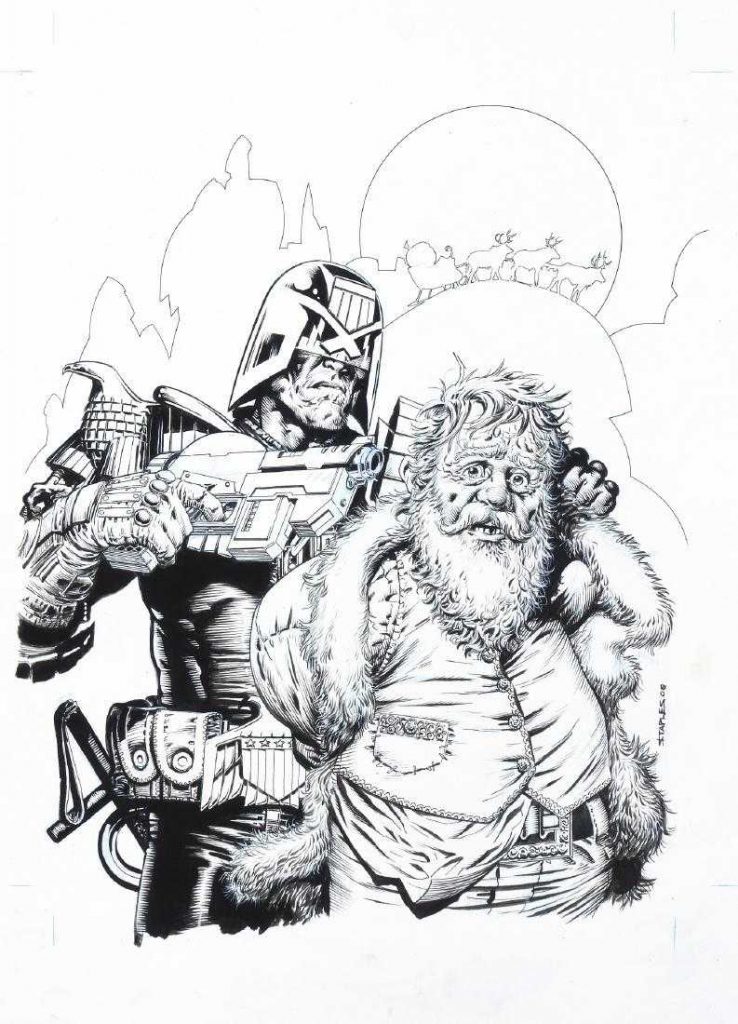 An original cover by Greg Staples for the 2008 Christmas edition of Judge Dredd Magazine (Issue 279), published by Rebellion