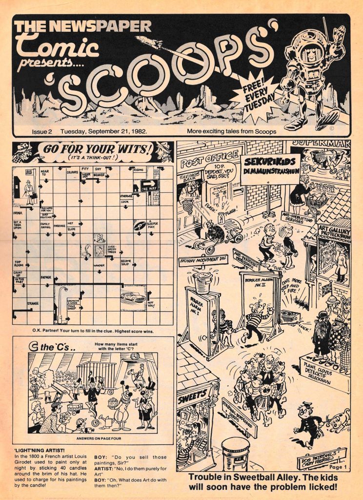 Art on this page of SCOOPS Issue 2 (21st September 1982) by Ron Smith (masthead); with Brian Walker providing the art for "Trouble in Sweetball Alley"