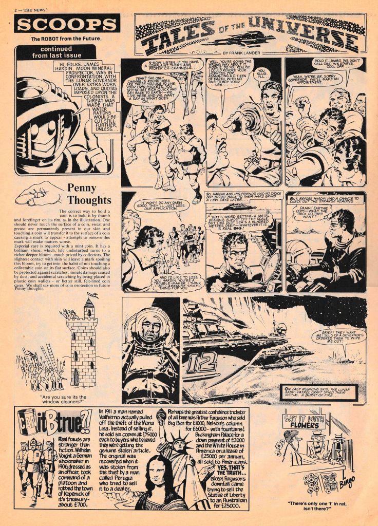 Art on this page of SCOOPs Issue 2 (1st September 1982) by Ron Smith; "Can it Be True" art by David Pugh; cartoon by "Bingo"