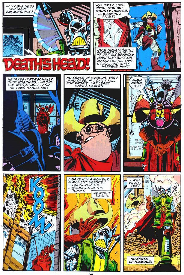 Death's Head's first appearance in "High Noon Tex", a strip published in a number of Marvel UK titles in the 1980s, written by Simon Furman, drawn by Bryan Hitch