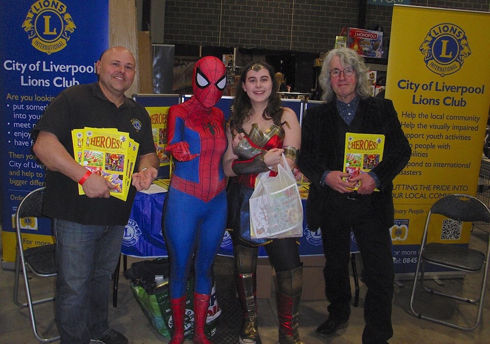 The iHeroes! Launch at Liverpool Comic Con 2019. Efitor Tim Quinn (right) with attending superheroes!