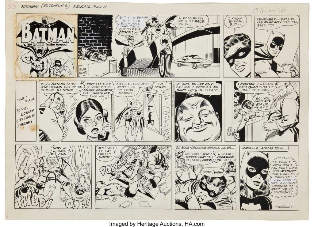 The Batman Sunday Comic Strip Original Art by Joe Giella, dated 6th November 1967 (distributed by the Ledger Syndicate, reprinted in SMASH! Issue 90 in the UK. Batgirl and her alter-ego, Barbara Gordon, co-star in the sixth episode of her newspaper adventure from the swinging sixties. Via Heritage Auctions