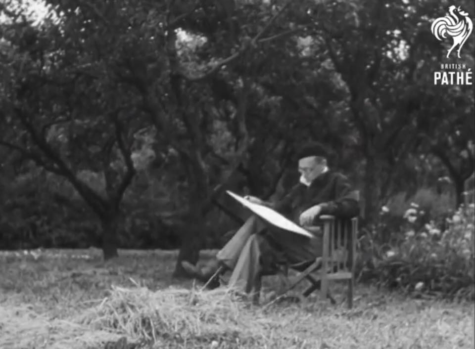 Carl Giles at work in his garden in 1945, filmed by British Pathé