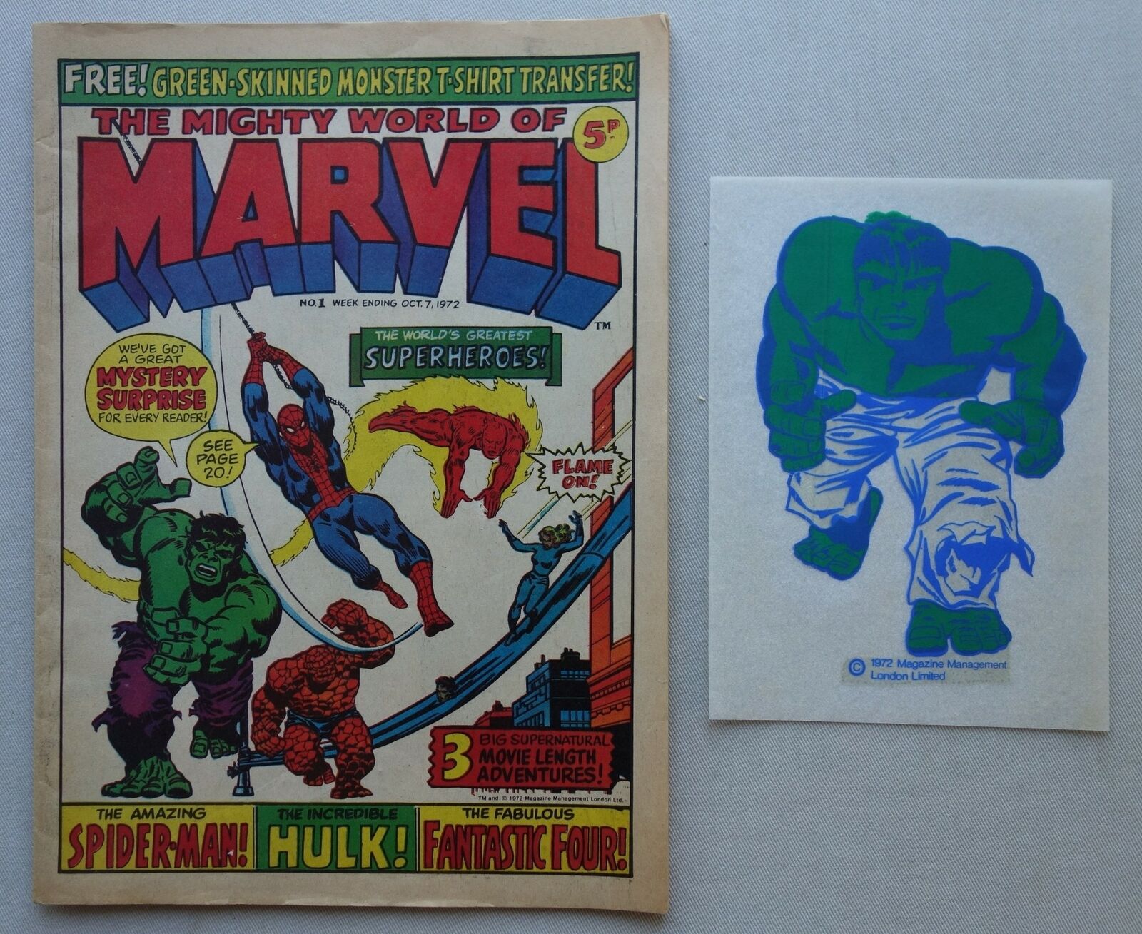 Mighty World of Marvel #1, released in 1972 - with its iron-on transfer Free Gift