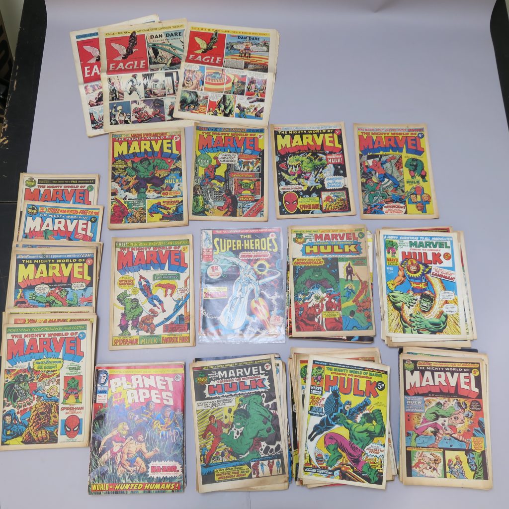Marvel UK comics inc. Mighty World of Marvel no.1 from October 7th 1972 with Coupon through to no.26 (inc. more with some missing in the run) plus the Superheroes no.1 from 1975 picturing The Silver Surfer drawn by Jack Kirby, plus x3 Eagles comics from the 1950's onwards.