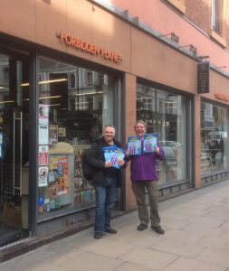 John JJ Jackson and Brian M. Clarke with Mancunian #1 outside Forbidden Planet Manchester
