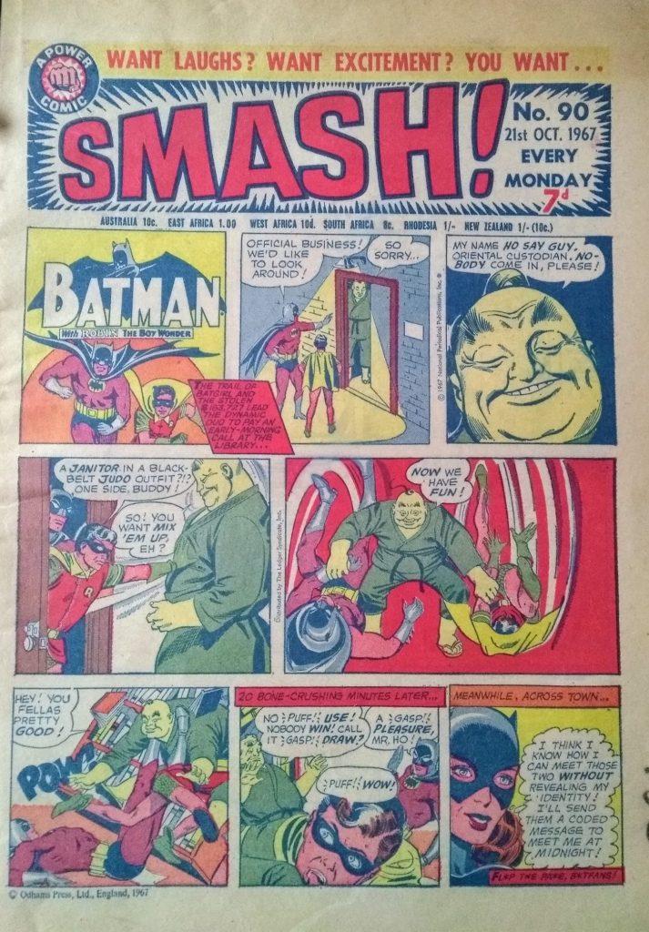 The cover of SMASH issue 90, reprinting the Batman Sunday Comic Strip dated 11th November 1967, in garish colour