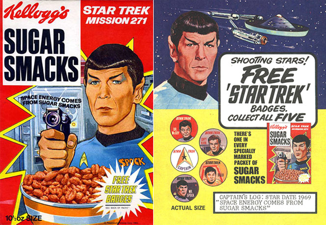 A 1969 Star Trek Sugar Smacks packet, complete with a picture of all the free badges you might find inside