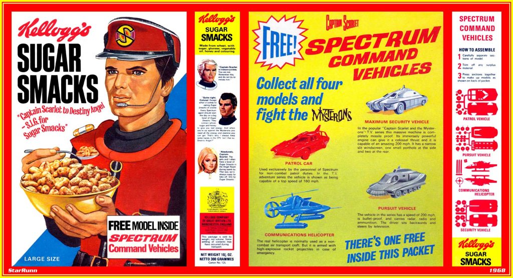 1968 Sugar Smacks - Captain Scarlet packet via Andrew P. Yanchus. Another variation offered a comic strip drawn by "Dan Dare" artist Keith Watson