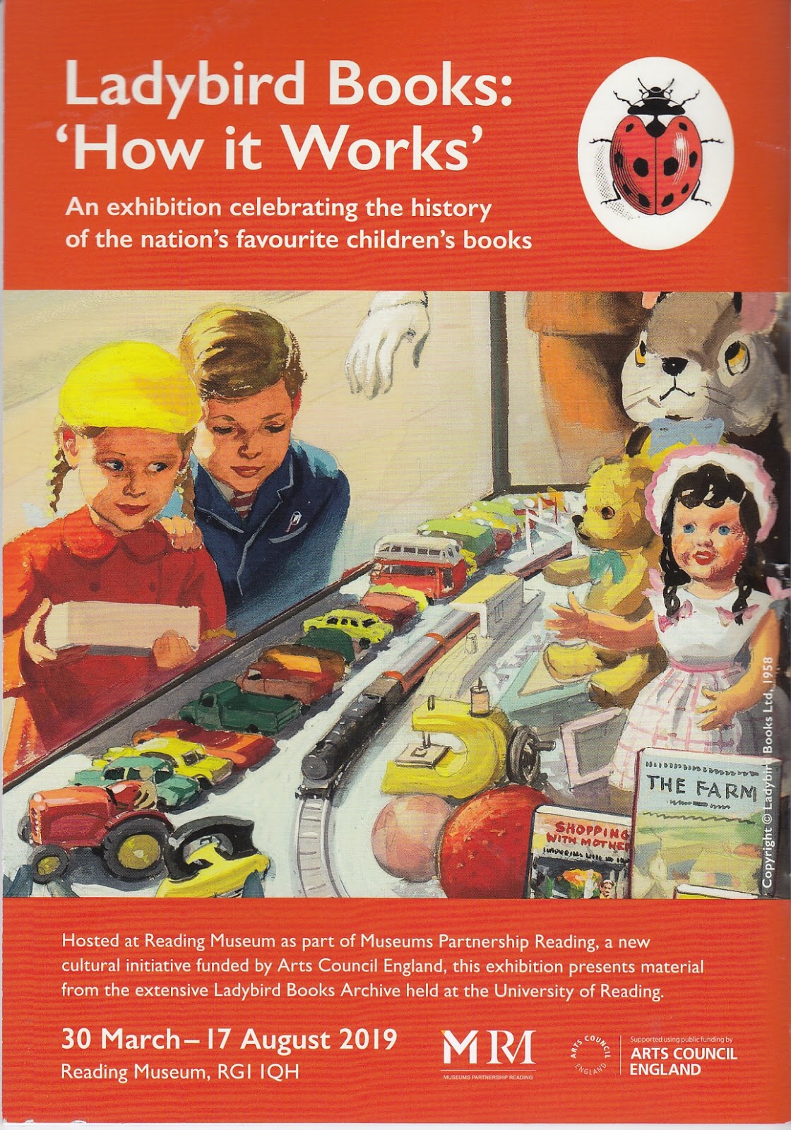 The Reading Museum poster features art titled “Outside the Toy Shop” illustrated by Harry Wingfield, from Shopping with Mother, Margaret Elise Gagg, 1958 © Ladybird Books Ltd, 1958