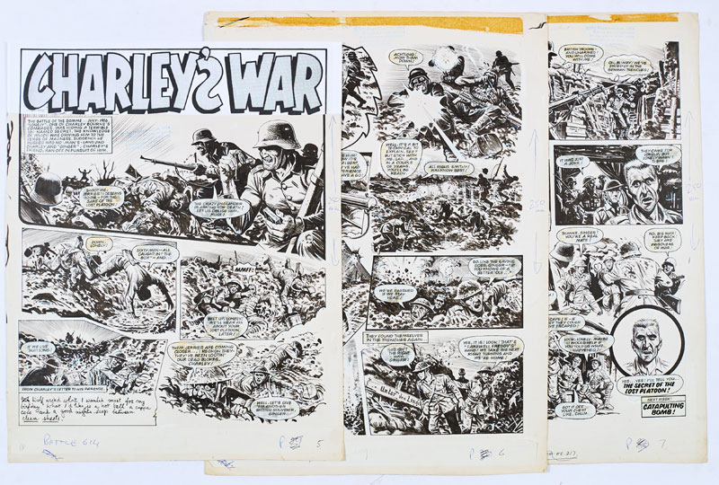 Three original “Charley's War” artworks by Joe Colquhoun from Battle 614 (1984).  The Battle of the Somme July 1916. One of Charley Bourne's comrades, Lonely, rushes headlong into no-man's land harbouring a terrible secret …