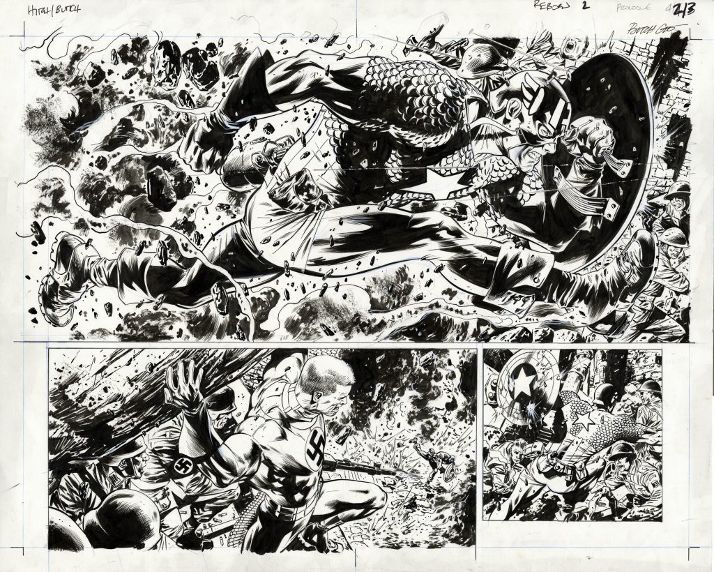 Bryan Hitch drew this epic double page splash for Captain America: Reborn #2 (published in 2009, the first issue of a high profile series that brought Cap back to life after his apparent death in 2007 in the pages of Captain America #25. It features Steve Rogers in battle with the Nazi menace known as Master Man. Inks are by Jackson Guice, the veteran artist who did some of the best work of his career working on Captain America during the era that gave us this page.