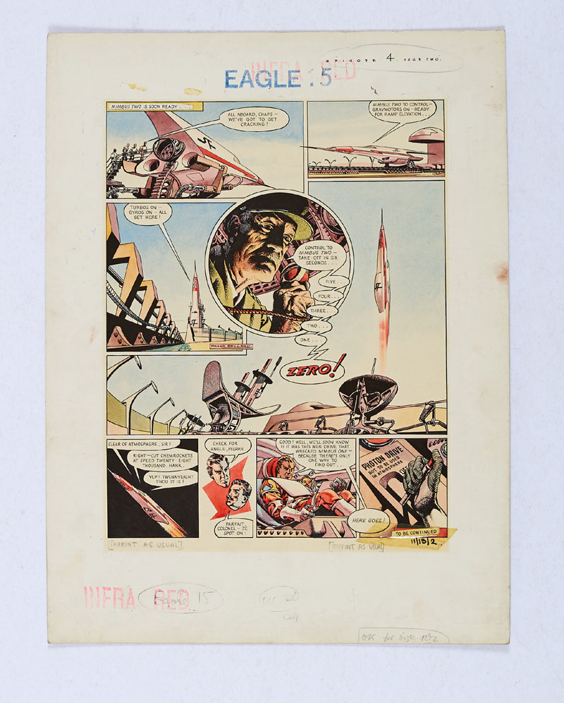 Dan Dare original artwork painted and signed by Frank Bellamy for The Eagle Volume 11, No 15 page 2 (9th April 1960). Dan and Pierre blast off in Nimbus Two in search of the wreck of her sister ship. From the Bob Monkhouse archive