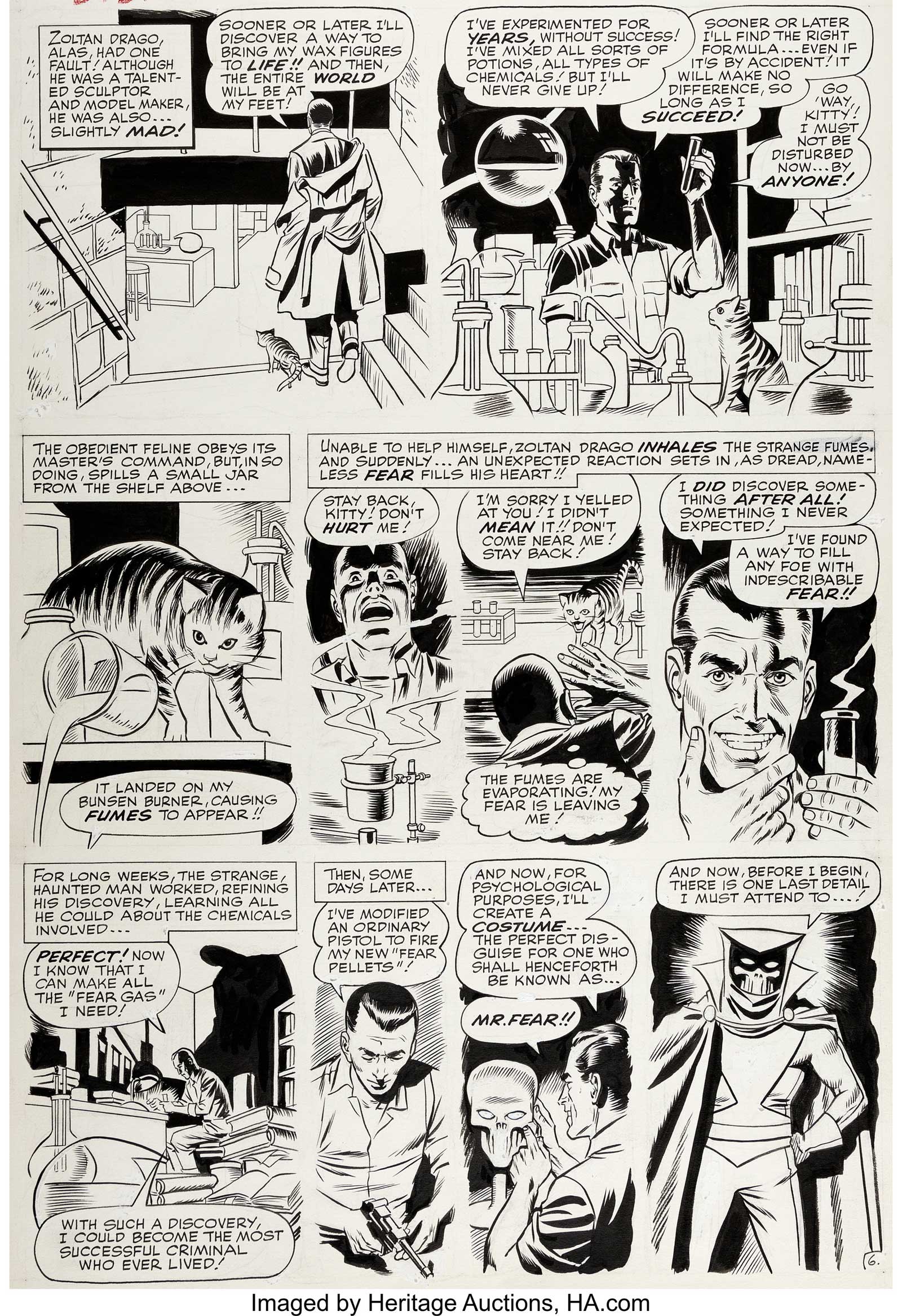 Daredevil #6 Page 6 Original Art by Wally Wood (Marvel, 1965). An unusual origin story for this villain... Zoltan Drago, a wanna-be "Puppet Master", accidentally creates a "Fear Gas" and decides to become Mr. Fear. A nice capsulised one-page origin, as rendered by the awesome talents of Wally Wood