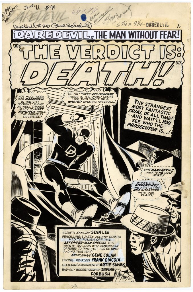 This is the first ever published page of Gene Colan Daredevil artwork! Published in 1966, it's a rarely available, prime-era "Twice-up" Silver Age Daredevil title splash with a strong image of DD in action! On it, we see a classic image of Daredevil swinging in on a crime scene through an open window. Starting with the issue featuring this title splash, #20, Colan became the primary artist on Daredevil all the way through #100, missing only four issues along the way! He would return to the title for two additional shorter runs in the late 1970s and late 1990s. So, this is quite a significant piece.