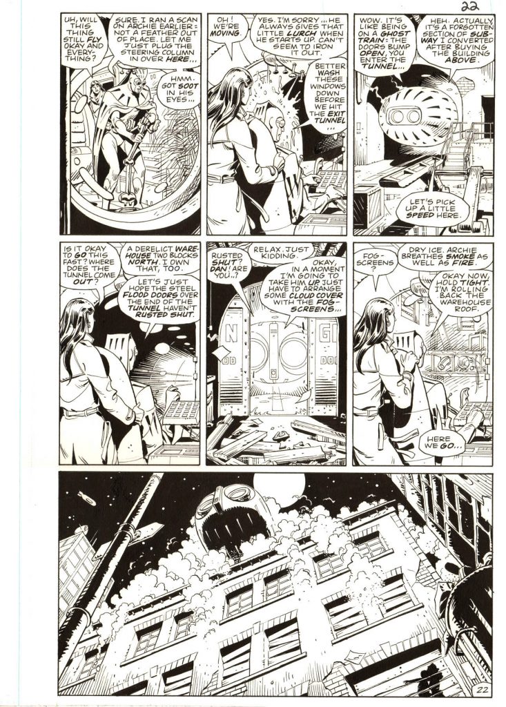 Watchmen by writer Alan Moore and Dave Gibbons is widely considered to be the best superhero comic book series ever created and originals from the series are among the most desirable artwork of the era. Offered here is a memorable scene from #7 of the 12-part 1986 series. We see Nite Owl and Silk Spectre taking Nite Owl's Owlship, which he calls "Archie" (short for Archimedes), out for its first ride in almost a decade since the Keene Act had outlawed superhero activity. It is a significant moment in the series and a memorable scene.