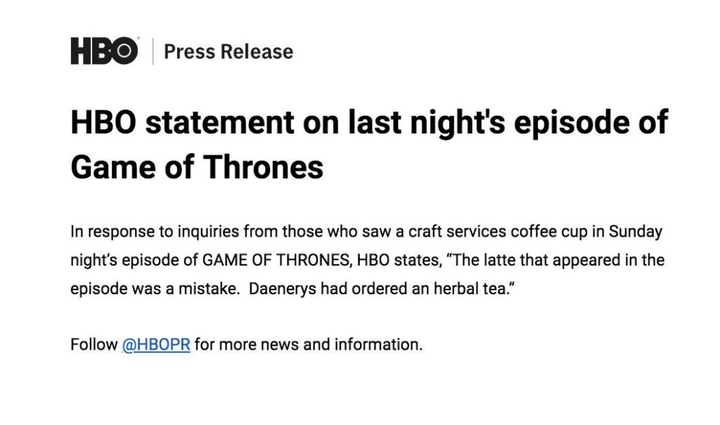 HBO statement in response to the appearance of a rogue coffee cup on Game of Thrones - The Last of the Starks