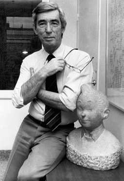 Photograph of Hergé (Georges Prosper Remi, 22 May 1907 – 3 March 1983), depicting him alongside a bust of Tintin, his most famous creation