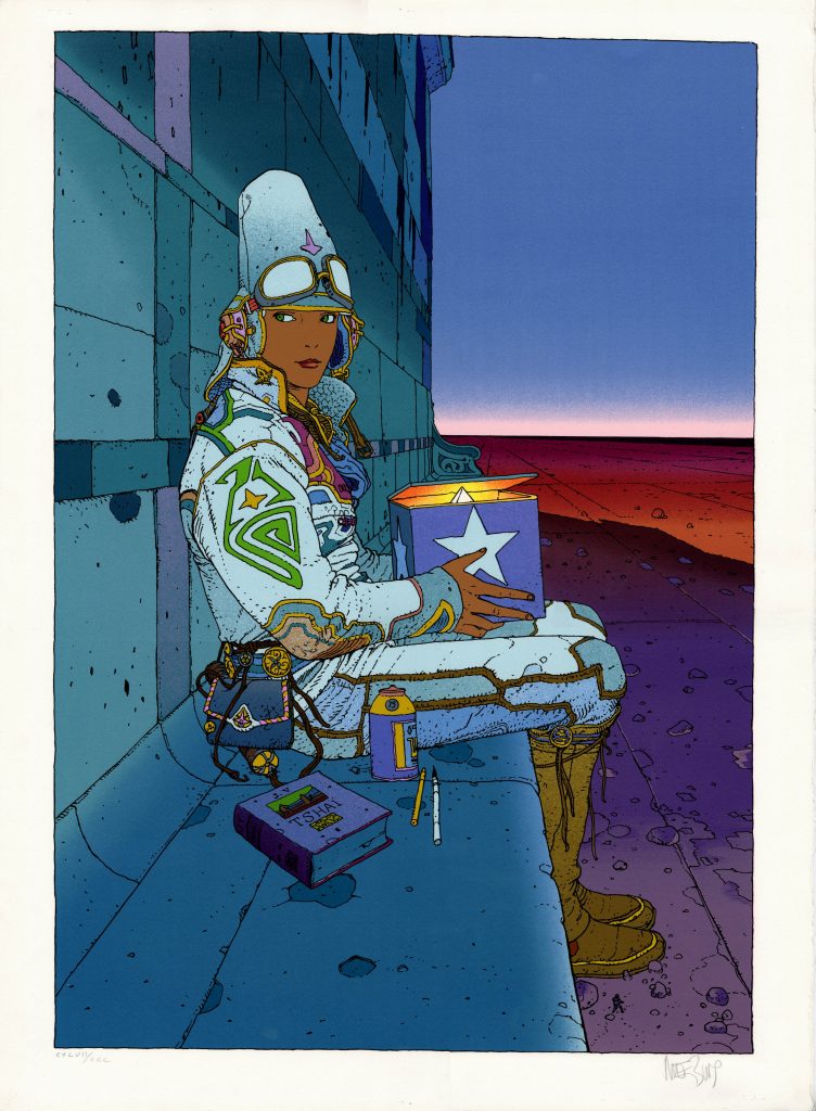 A beautiful over-sized silk screen features one of artist Moebius' most famous subjects, Starwatcher. The image area of this "Starwatcher II" serigraph measures an impressive 19" x 26.5" on 22" x 30" paper -- this image is huge! It was issued by the French art publisher Aedena circa 1985 in a limited edition of 300 signed and numbered by the artist. Moebius described this serigraph as "truly a magical drawing"...