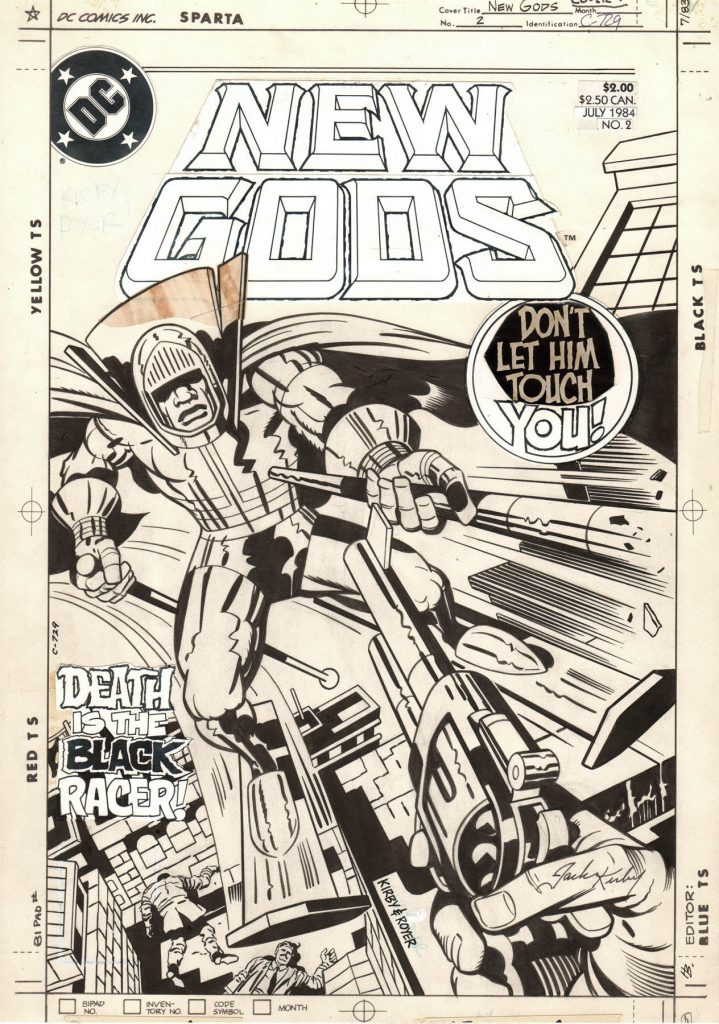 Jack Kirby returned to his epic New Gods feature in 1984 when DC repackaged his original 11 issues from 1971-1973 as a deluxe six-issue mini-series with new covers by Kirby. This cover to New Gods #2 (1984) covered the reprinting of the original issues #3 and #4, which included #3's introduction of the Black Racer, one of the DC Universe's versions of "Death". Kirby took inspiration from his own earlier creation, Marvel's Silver Surfer to create the Black Racer. Instead of a surf board, the Racer is on skis. On this cover art, we see a large image of the Racer coming right at the reader--it's pure Kirby magic showing that even toward the end of his legendary career, the King was still at the top of his field.