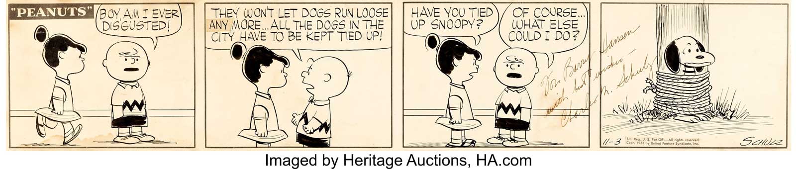 Charles Schulz Peanuts Daily Comic Strip Charlie Brown and Snoopy Original Art dated 3rd November 1955 (United Feature Syndicate, 1955). From early in the strip's 50-year run. This piece was owned by Barry Hansen (aka Doctor Demento, host of the longtime radio show) since his childhood.
