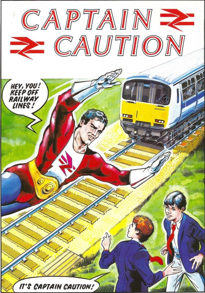 British Rail's "Captain Caution" appeared in a railway safety leaflet released in 1985. Art by Ron Smith