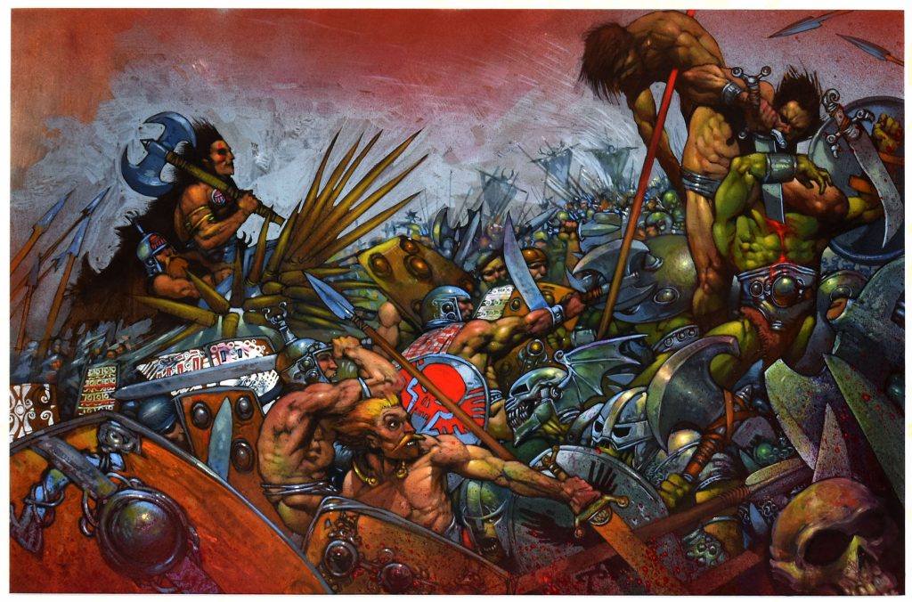 Simon Bisley illustrated this sensational Slaine illustration in mixed media on heavy illustration paper. This colourful example of Bisley's work features a highly detailed battle scene. This large piece looks amazing in person.