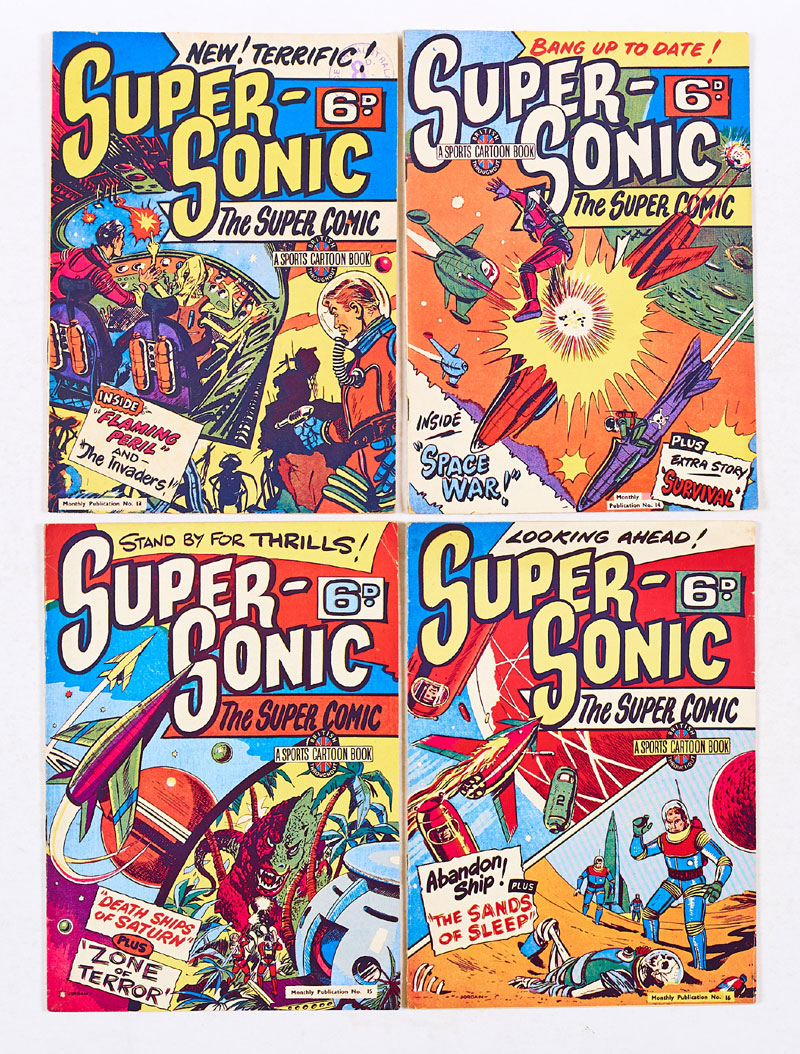 Striking covers for Super-Sonic, published in the 1950s by Sports Cartoons Ltd. Featuring art by “Jeff Hawke” co-creator Sydney Jordan. From the Peter Hansen Archive