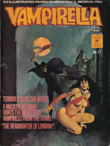The cover of Vampirella #27 published by K. G. Murray Publishing Company Pty Ltd in Australia, art identified by David Roach as by Jorge Longaron.