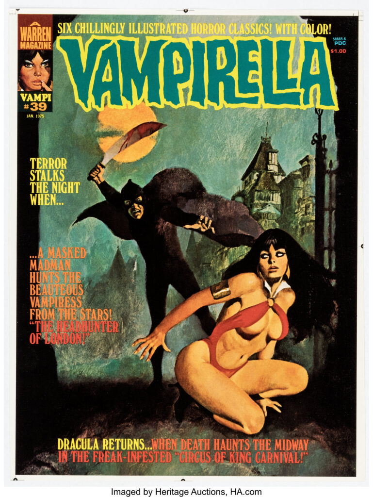 An Unused Cover Image Printer's Proof for Warren's Vampirella #39, the art identified as by Jorge Longaron by David Roach, but credited to Enrique Torres / Enric by some sources. This cover image did not get used for this issue, the published cover instead provided by Ken Kelly. The art was flipped the other way and used as the cover for issue #96 six years later