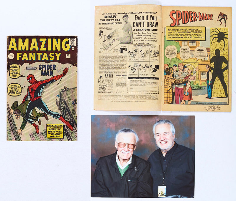 Amazing Fantasy 15 (1962) with Stan Lee signature to splash page margin and photograph of original owner with Stan Lee at Excel Centre Comic Con Sunday Feb 16th 2012 where the comic was signed Good cover gloss, Biro '6' to cover and light blue colour touch to Spider-Man's eyes, villain's eyes and ankle sock. 1 inch margin tear to page 25