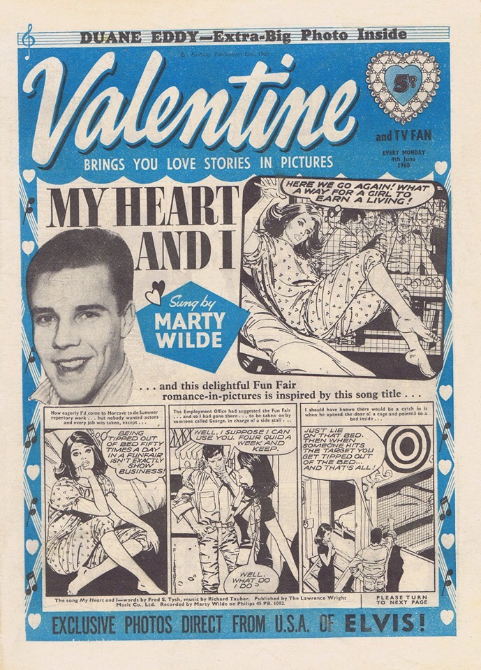 Valentine cover art from 1960 by the great Jordi Longaron. “Together with Jose Maria Miralles, Longaron was responsible for paring down the previously florid, detailed romance artwork of the time to this wonderfully modern. more linear, stylised approach,” notes comics artist and archivist David Roach, “effectively establishing the look of romance comics for the next few decades.He was brilliant.”