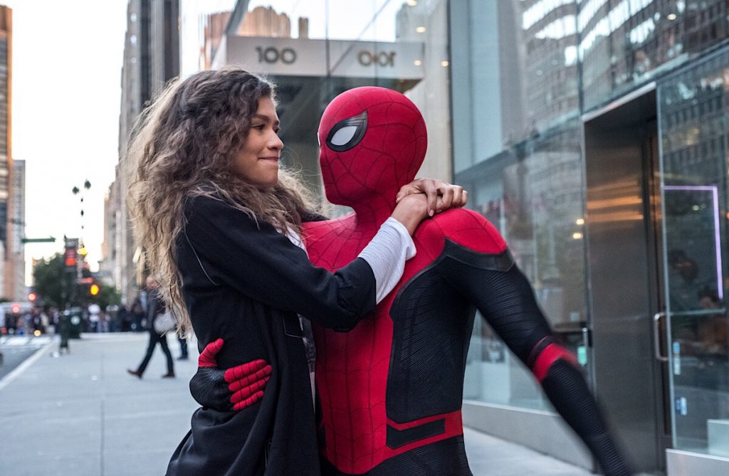 Michelle (Zendaya) catches a ride from Spider-Man in Columbia Pictures' Spider-Man: Far From Home