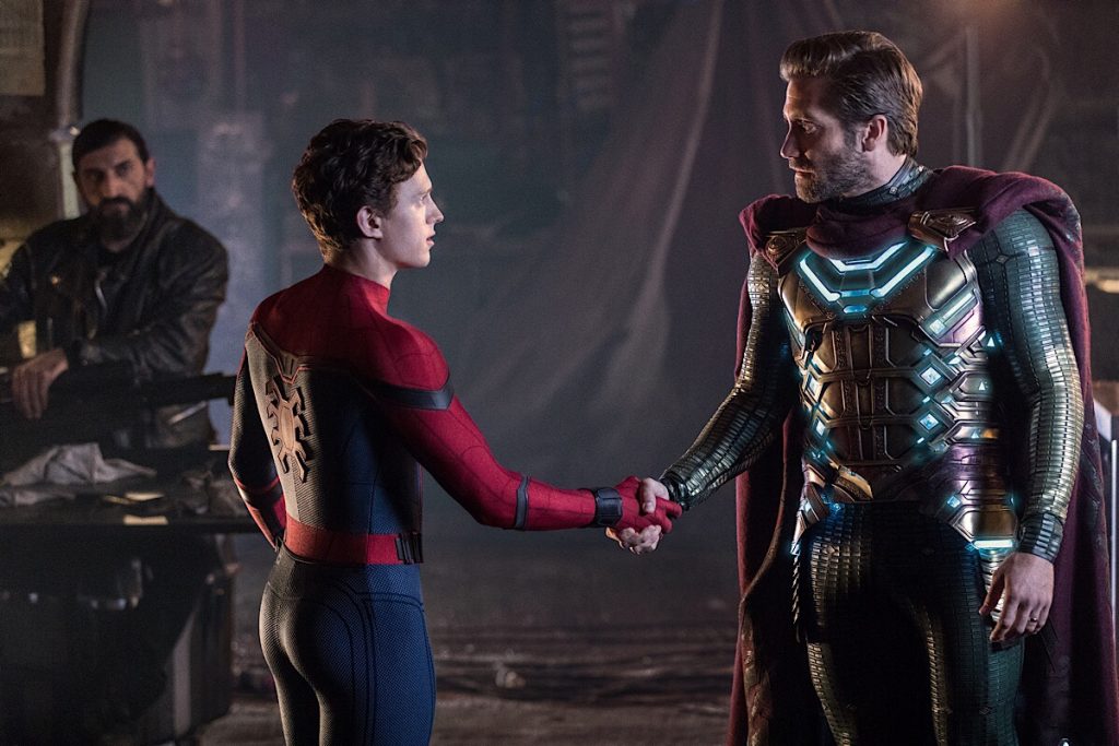 Left to right: Numan Acar, Tom Holland and Jacky Gyllenhaal in Columbia Pictures' Spider-Man: Far From Home