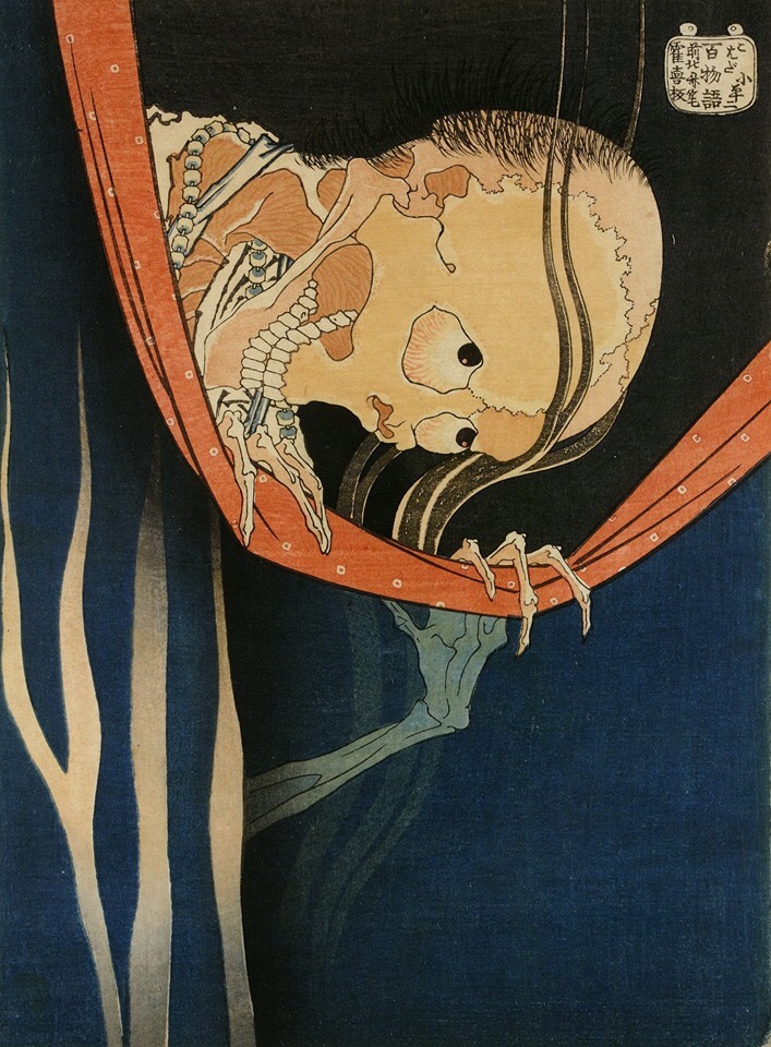 Did Hokusai invent manga? As an author, artist and block-cutter, Hokusai knew Japan’s print industry inside out. In the late 1700s, he regularly designed illustrations for ‘yellow covers’ – popular comic books for adults, like modern manga. This print from around 1833 shows a menacing skeleton pulling down a mosquito net. Like a manga illustration, the bold image seems primed for movement and mayhem.