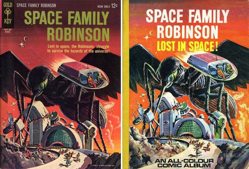 Left, a Gold Key Lost in Space comic and right, Walt Howarth’s version of the same image, for a World Distributors British annual cover. With thanks to Philip Rushton