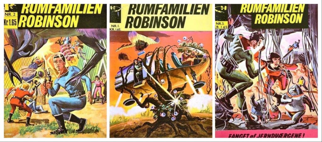 Covers for Denmark's Rumfamilien Robinson, published in the 1960s