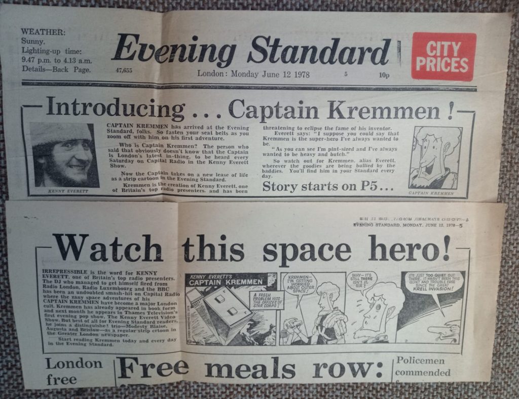 The Evening Standard announces the arrival of "Captain Kremmen" in the paper in June 1978. Photo with thanks to Philip Zunzuncito Sequoia‎