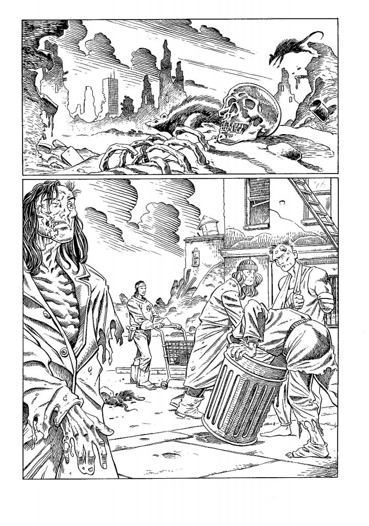 A page of Art Wetherell's work for Negative Burn, published by Caliber, inked by Bambos Georgiou. "I used the opportunity to try 'embellishing' and went with a more European approach," said Bambos of his inks in 2017, "a bit Moebius-ish, but in some places it just comes across a bit Basil Wolverton (as usual). I always loved working on Art's pencils and tried to promote him at Marvel UK but really didn't get anywhere."