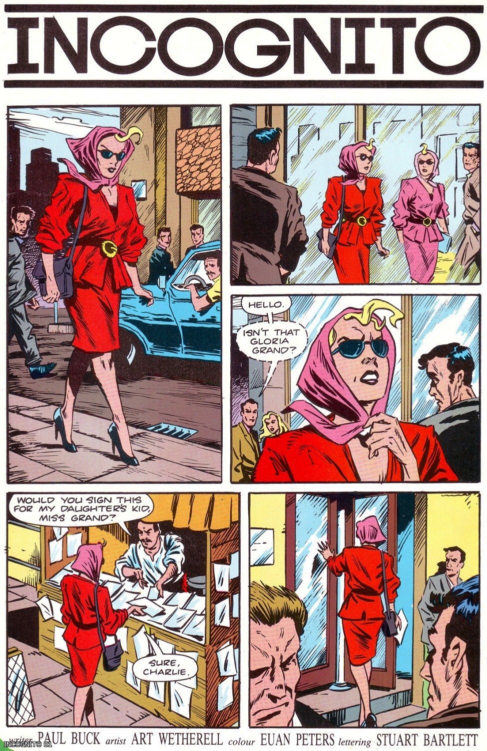 The opening page of "Incognito", a creator-owned story for Marvel UK's STRIP written by Paul Buck with art Art Wetherell for STRIP #1, published in 1990