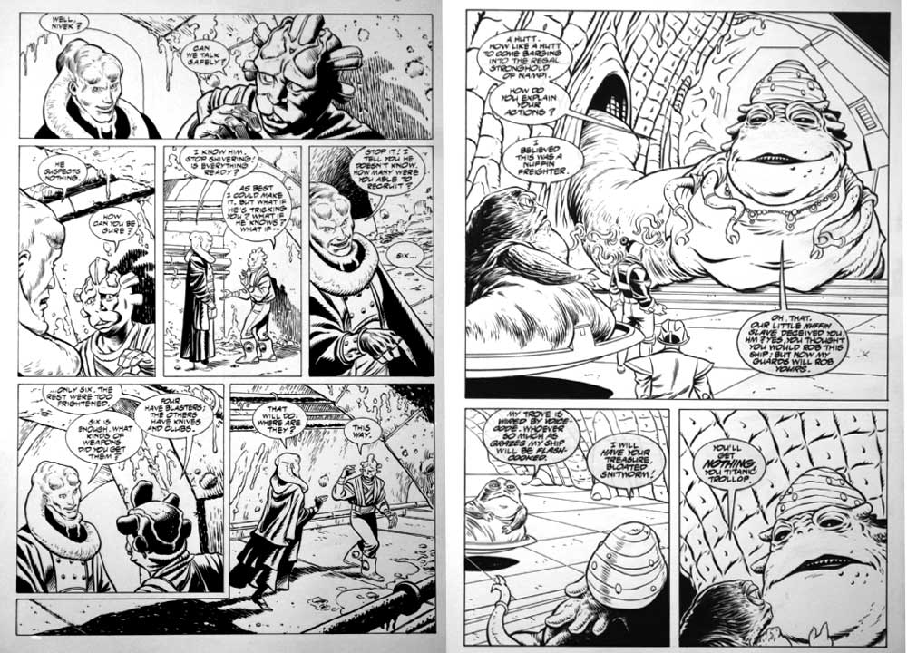 Two pages from Star Wars: Jabba the Hutt, pencils by Art Wetherell. Via ComicArtFans