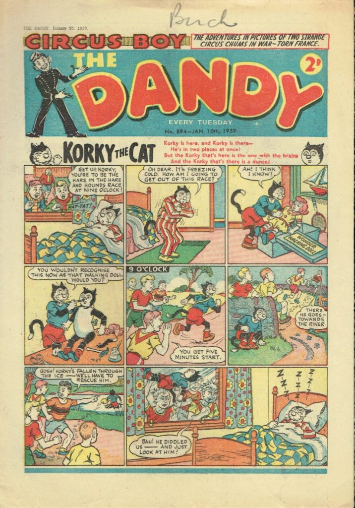 “Korky the Cat” on the cover of a The Dandy Issue 894, cover dated 30th January 1959