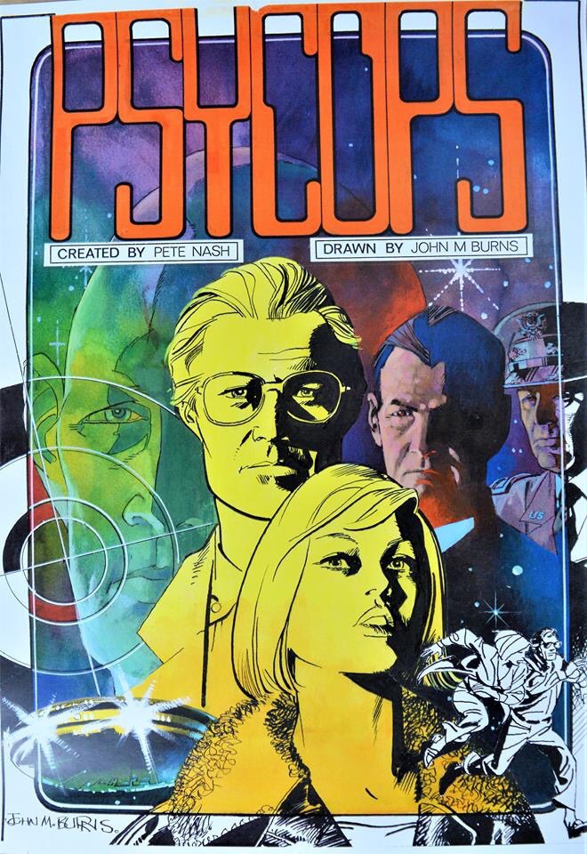 This was to have been the cover for a "Psycops" album by John M. Burns, who drew many episodes of the strip, which eventually never happened... but might now. With thanks to Colin Brown