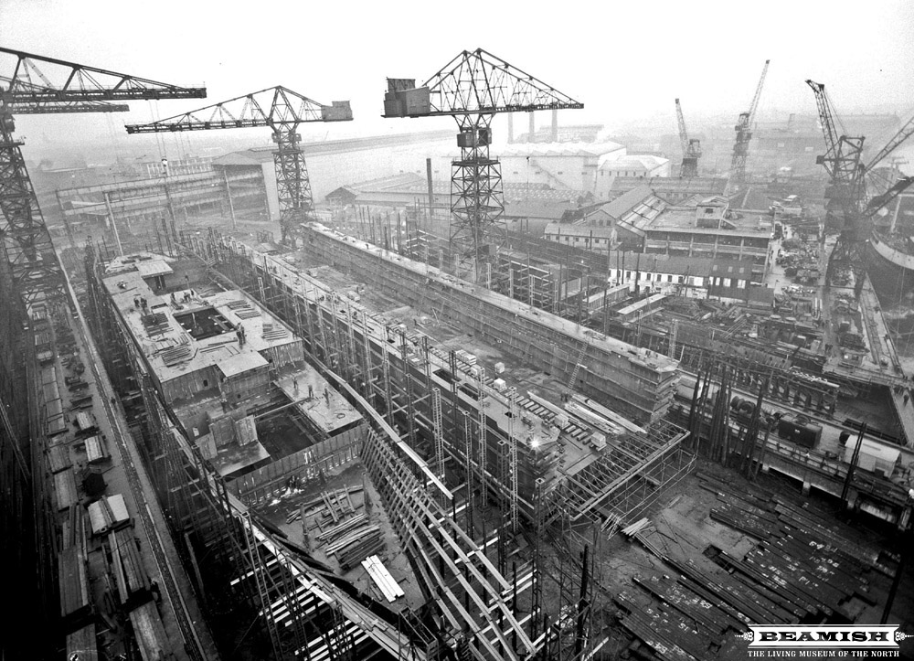 View from crane of Floating Dock under construction at Swan Hunter and Wigham Richardsons Shipyard, Wallsend in January 1961. Photo: The Beamish Collection