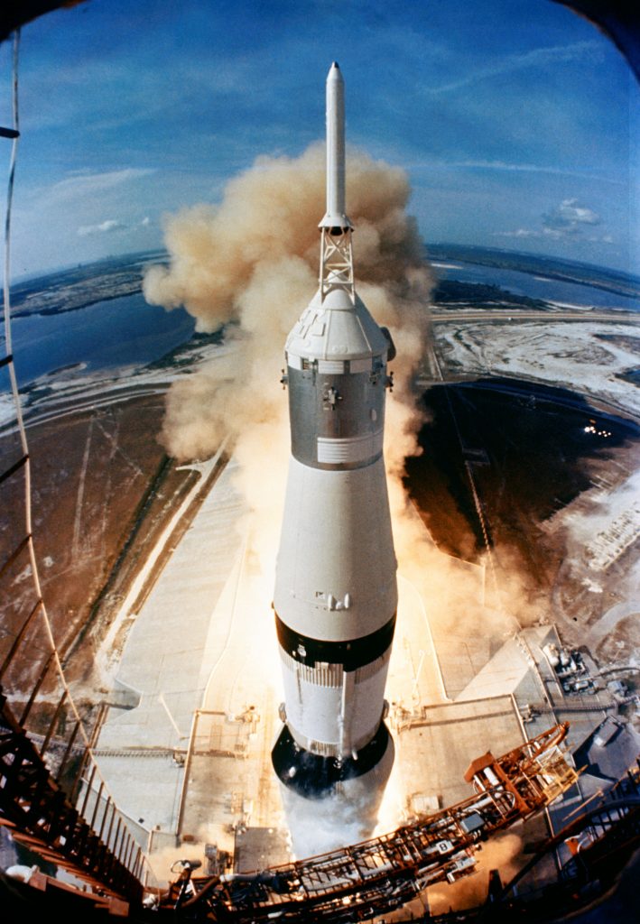 On July 16, 1969, the huge, 363-feet tall Saturn V rocket launches on the Apollo 11 mission from Pad A, Launch Complex 39, Kennedy Space Center, at 9:32 a.m. EDT. Image: NASA