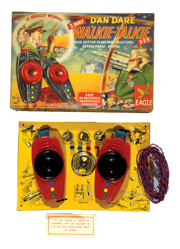 A Dan Dare 2 Way Walkie-Talkie Set (1953) produced by  J & L Randall Ltd. This collectible, sold by ComPal in 2012, was complete with two handsets secret decoder and two-colour wire connection 'It really works'.