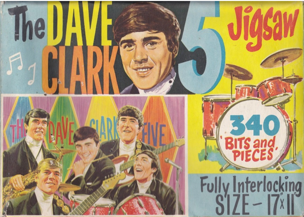 A Dave Clark Five jigsaw illusyrated by Walt Howarth. Instead of the more normal “340 Pieces” the box lid states the jigsaw features “340 Bits and Pieces”, the name of a big hit for Dave Clark in 1964.
