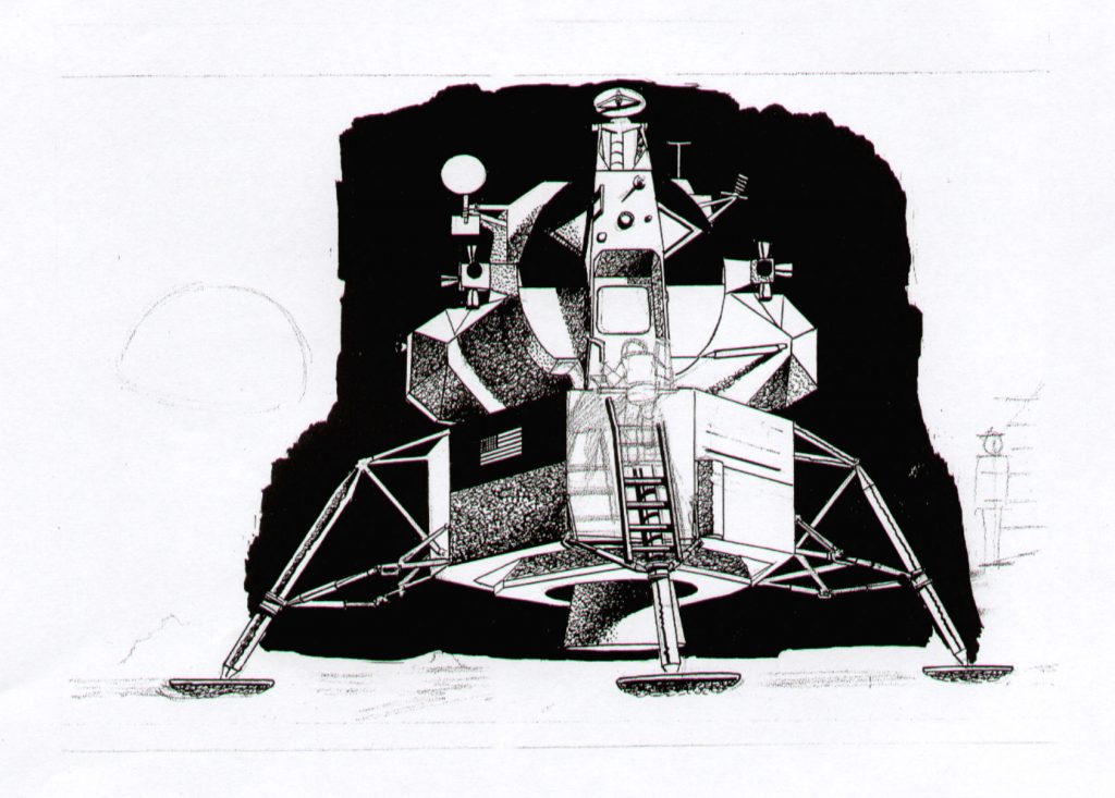 One of Frank Bellamy's draft "moon landing" artworks for the Daily Mirror, drawn in 1969